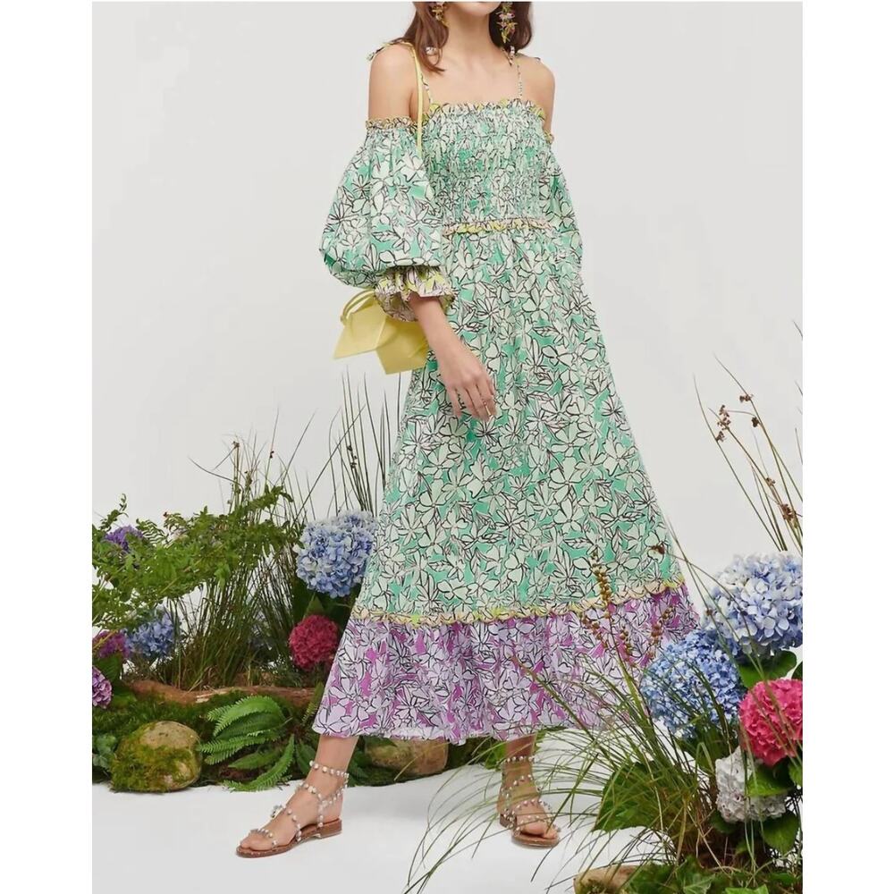 CeliaB Mint Green Floral Off-Shoulder Maxi with Lilac Ruffle